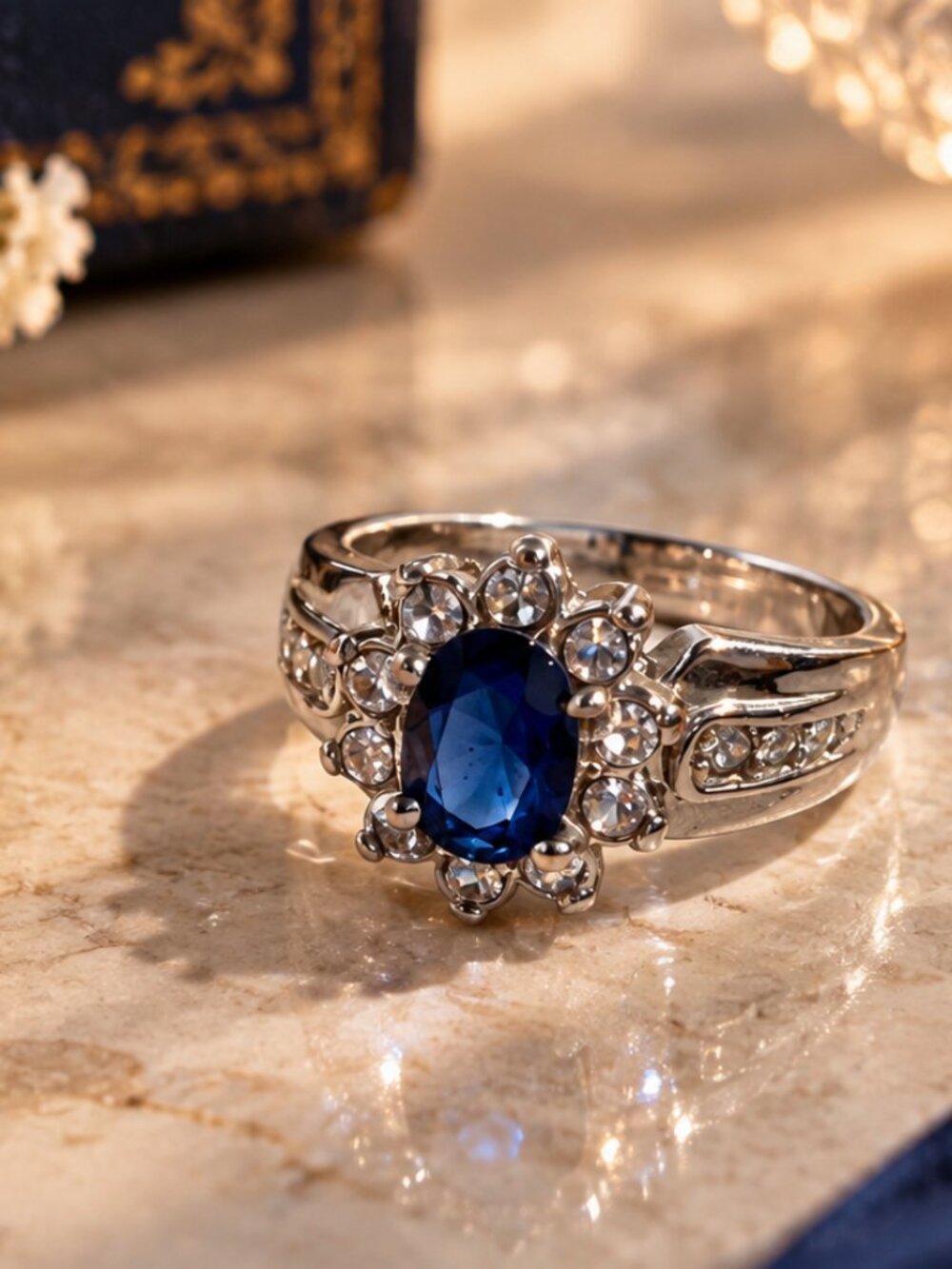 Statement Blue Oval Gem Halo Cocktail Ring Size 8 Silver Tone